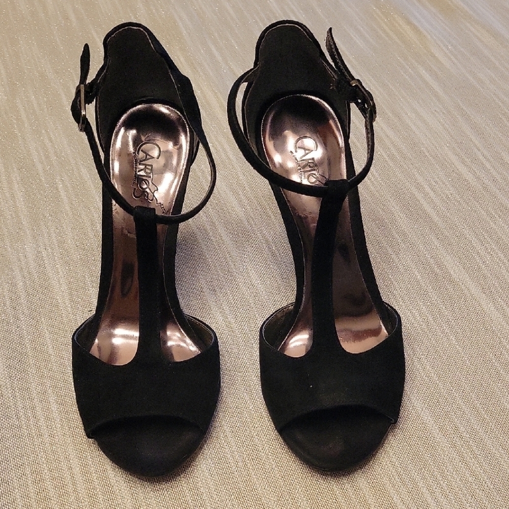 Carlos Santana Black T-Strap Suede Heels with Medium Heel